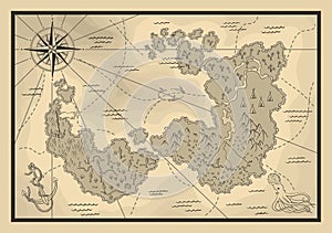 Cartoon island map template for next level game - adventures, treasure hunt. Pirate map with octopus and sharks. Pirate