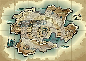 Cartoon island map template for next level game - adventures, treasure hunt. Pirate map with octopus, scorpion, sharks