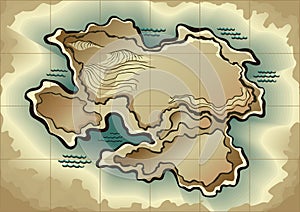 Cartoon island map template for next level game. Pirate map with old fantasy creatures, treasure island. Hand drawn