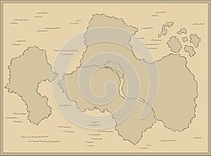 Cartoon island map template for next level game. Pirate map with old fantasy creatures, treasure island. Hand drawn