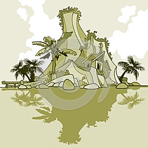 Cartoon island-mountain and palm trees