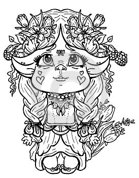 Cartoon isolated character, fairytale little girl, flower troll in dress with pointed ears and short legs, with big head and eyes