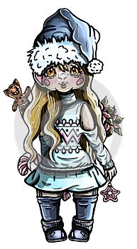 Cartoon isolated  character in full growth, fairytale little christmas girl with long hair and smile, with cap on his head, in dre