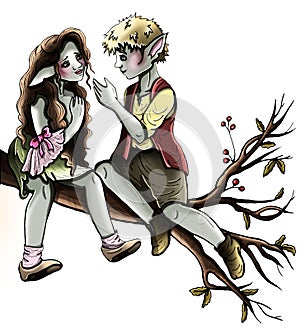 Cartoon isolated characters in full growth, magic romantic a couple of elves with sharp ears, cute and kind
