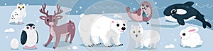Cartoon isolated cute baby animal characters with funny polar bear, happy walrus with fish and penguin, white fox. Wild