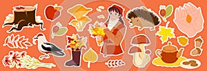 Cartoon isolated cute red and yellow maple, oak, rowan tree leaves of forest in boot or girls hand, mushroom in fall