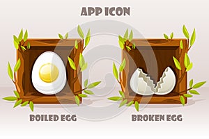 Cartoon isolated eggs in wooden square of twigs. Set of boiled and broken egg. Vector illustration. Vector web icons and mobile