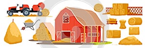 Cartoon isolated farm agriculture collection of haystacks and bales, golden straw heap and tractor hay baler