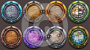 Cartoon isolated graphic design gui elements for medieval rpg gui elements for games and apps. Wooden, metal, bronze