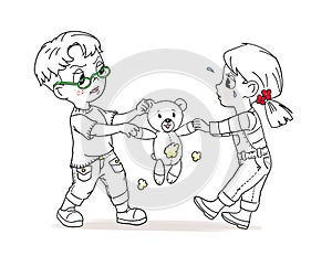 Cartoon isolated  graphic illustration of a brother abd sister gaving a fight over a stuffed teddy bear toy