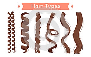 Cartoon isolated group of light strands with different curls and structure, straight and frizzy, wavy and afro kinky