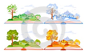 Cartoon isolated open storybook with fairy tale about summer and winter, spring and autumn seasons, nature landscapes on