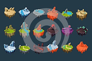Cartoon isometric islands with volcanoes, lakes, waterfalls, glaciers, craters, crystals and rocks. Colorful flat vector