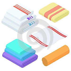 Cartoon isometric towels vector set. Cloth folded towel for bath.