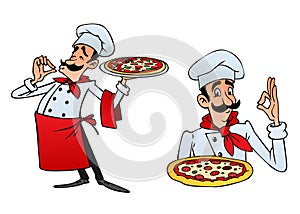 Cartoon italian chef brings pizza