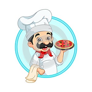 Cartoon italian chef holding a tray with pizza