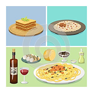 Cartoon Italy food cuisine delicious homemade cooking fresh traditional Italian lunch vector illustration.