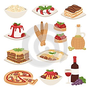 Cartoon italy food cuisine delicious homemade cooking fresh traditional lunch vector illustration.