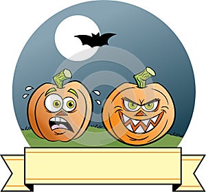 Cartoon Jack O Lanterns under a full moon with a flying bat and a banner.