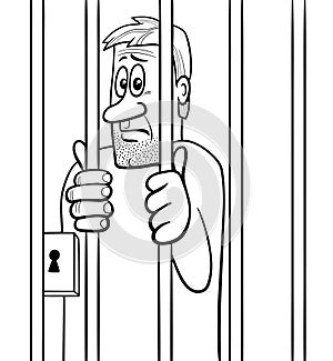 cartoon jailed man behind the prison bars coloring page photo