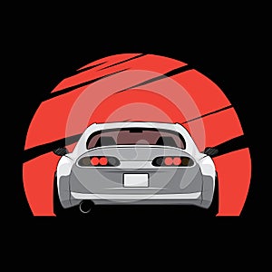 Cartoon japan tuned car on red sun background. Back view. Vector illustration photo