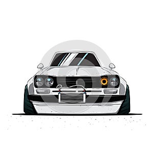 Cartoon japan tuned old car isolated. Front view. Vector illustration photo