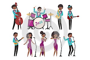 Cartoon jazz artists characters singing and playing on musical instruments. Contrabassist, drummer, saxophonist