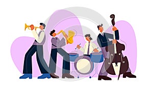Cartoon jazz band play music on saxophone, trumpet, drum and bass guitar vector flat illustration