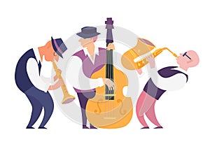 Cartoon jazz musicians group vector illustration: contrabassist, saxophone and clarinet