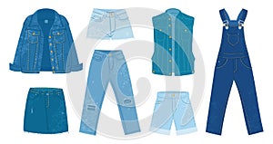 Cartoon jeans. Denim clothes, pants, casual jacket, skirt and overall, denim fabric garments flat vector illustration set on white