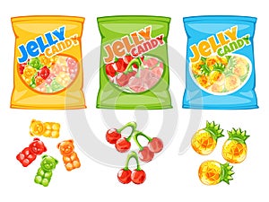 Cartoon jelly candies packs. Colorful fruity gum bags. Gelatin bears. Cherries and pineapple shaped. Confectionery