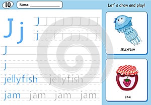 Cartoon jellyfish and jam. Alphabet tracing worksheet