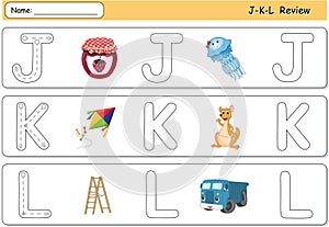 Cartoon jellyfish, jam, kite, kangaroo, lorry and ladder. Alphabet tracing worksheet