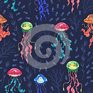 Cartoon jellyfish seamless pattern. Bright glowing ocean animals, transparent scalding creatures, sea fish flock, underwater