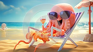 cartoon jellyfish in sunglasses lies on a sunbed on the beach and drinks a cocktail