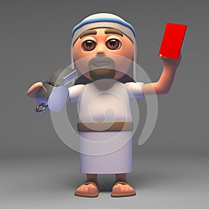 Cartoon Jesus Christ the Messiah hands out a red card penalty, 3d illustration