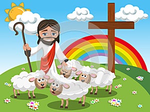Cartoon Jesus holding stick stroking sheep meadow