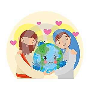 Cartoon Jesus and Mary with sad planet. vector