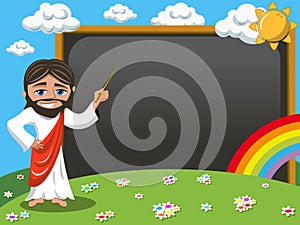 Cartoon jesus teaching stick blank blackboard chalkboard meadow