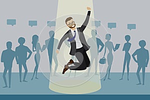 Cartoon job candidate won and jumps in spotlight, human resource recruitment concept,silhouettes of people on the background,flat