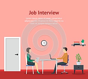 Cartoon Job Interview Office Scene Concept. Vector