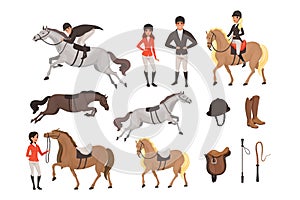 Cartoon jockey icons set with professional equipment for horse riding. Woman and man in special uniform with helmet