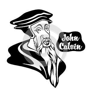 Cartoon on John Calvin. One of the leaders of the European Christian Reformation photo