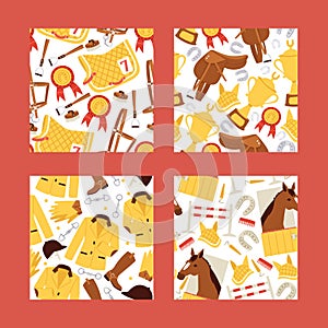 Cartoon jokey seamles pattern vector illustration. Horse in stable, saddle, stirrup, horseshoe, barriers, comb