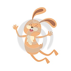 Cartoon joyful bunny jumping isolated on white. Smiling rabbit hopping.