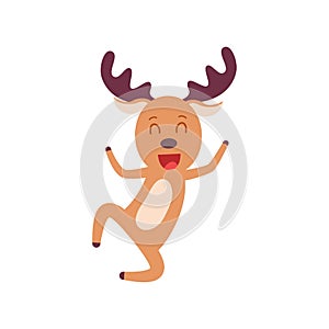 Cartoon joyful deer jumping isolated on white. Smiling stag leaping.