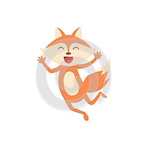 Cartoon joyful fox jumping isolated on white. Smiling funny fox hopping.