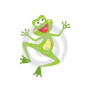 Cartoon joyful frog jumping isolated on white. Smiling toad hopping.