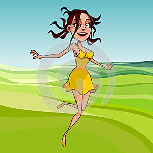 Cartoon joyful girl fun jumping on a green field