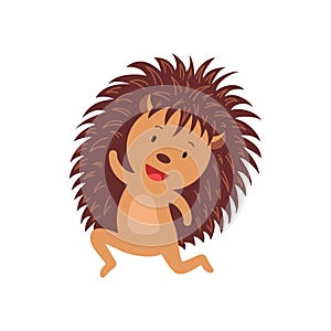 Cartoon joyful hedgehog jumping isolated on white. Smiling funny porcupine hopping.